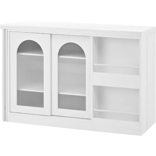 MUVANO Witte uitschuifbare bartafel - Keukeneiland met opbergruimte - 360° draaibaar en uitklapbaar - Glazen schuifdeuren - 121,5 x 40 x 76,7 cm