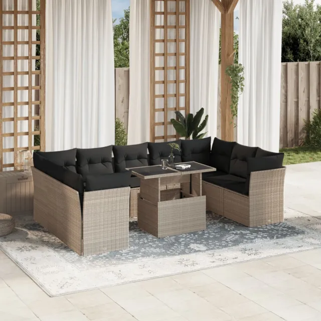 vidaXL 10-delige Loungeset met kussens poly rattan lichtgrijs grijs, foto 2