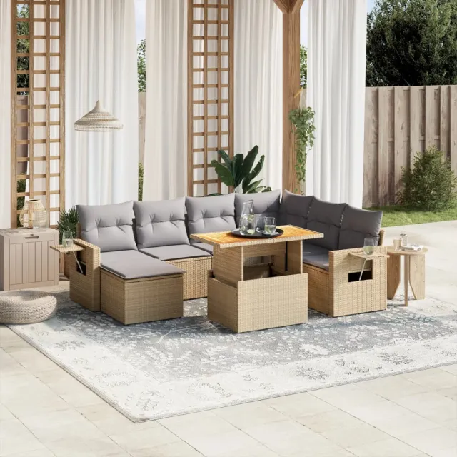 vidaXL 8-delige Loungeset met kussens poly rattan beige, foto 2