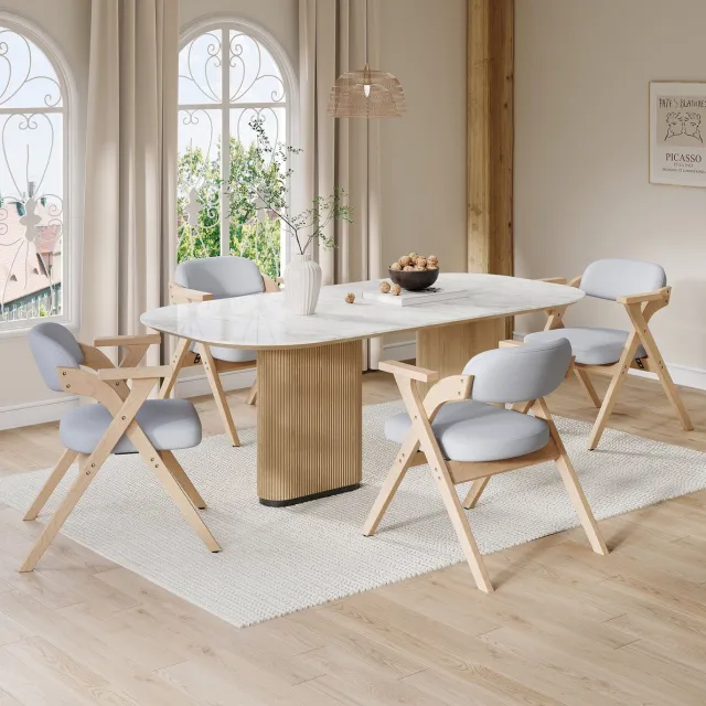OKWISH Eetkamerstoel Set Van 4 - Opvouwbare Eetkamerstoelen Met Armleuningen En Linnen Bekleding - Hout - Grijs