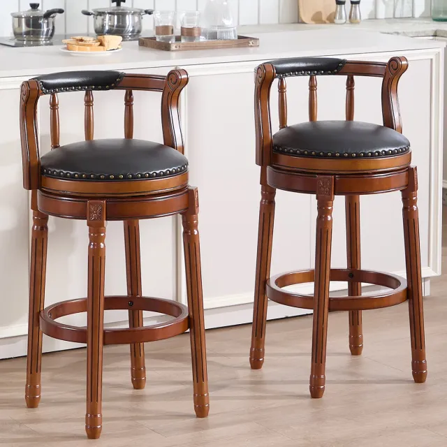 Wishdor Barkruk - 360 Graden Draaibare Zitting Met Gebogen Rugleuning - Klassiek Ontwerp - Voor Keuken Of Bar - Houten Frame Met Echt Leer En Sponsvulling - Zwart Met Ivoorkleurig Hout - Zithoogte 74,9 Cm