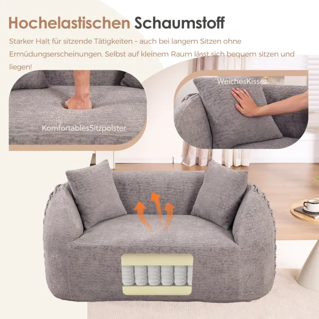MIVRAY Zitbank 155 x 90 x 67 cm - Gebogen Tweezitsbank met Twee Sierkussens - Voor Woonkamer en Slaapkamer - Chenille - Grijs Lichtgrijs