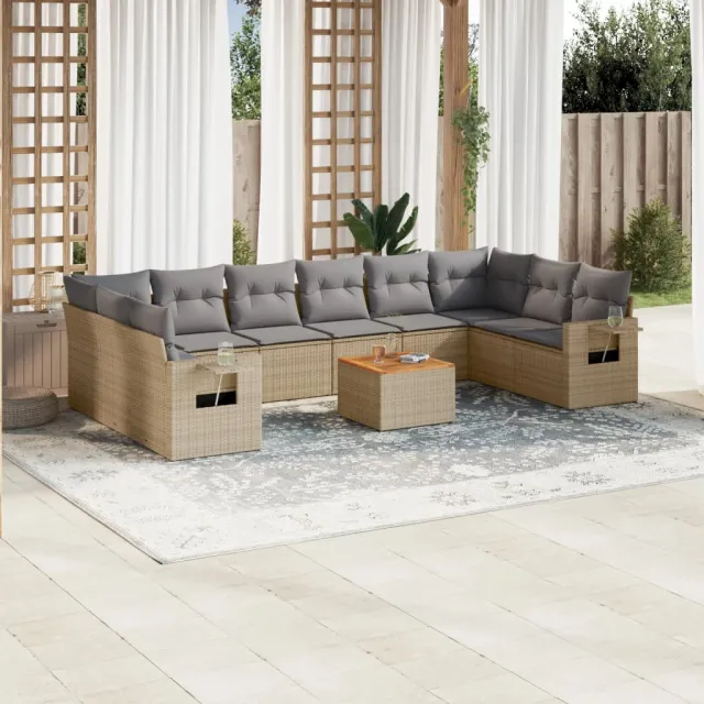vidaXL 11-delige Loungeset met kussens poly rattan gemengd beige
