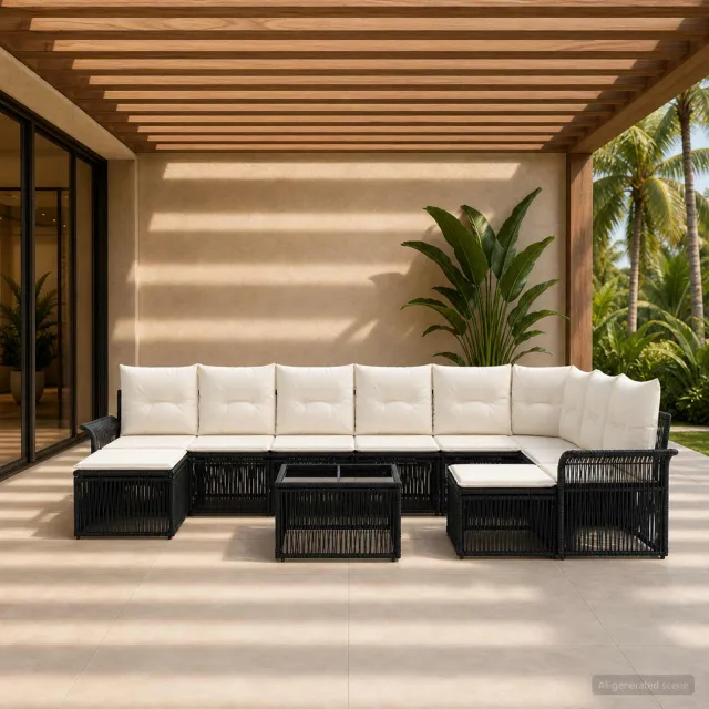 vidaXL Tuinbankenset 10 st 9-zits Zwart en Cream Wit poly rattan, foto 2