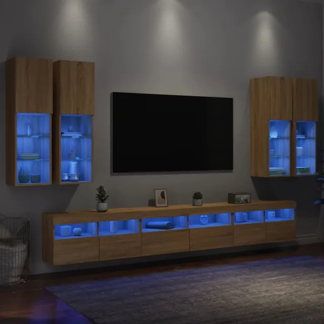 vidaXL 7-delige Tv-wandmeubelset met LED-verlichting sonoma eikenkleur Bruin