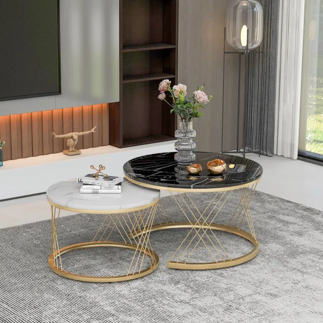 MEUNIQ ronde salontafel set van 2 – nesttafels 70 en 45 cm met MDF tafelblad in marmerlook, goudkleurig metalen frame voor woonkamer – zwart en wit
