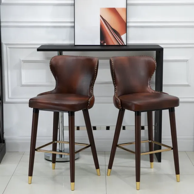REDOM Barkruk - Set van 2 - Met rugleuning en voetsteun - Kunstleer en houten poten - Retro & Vintage - Bar en eetkamer - Bruin - 52 x 53 x 101 cm Brown