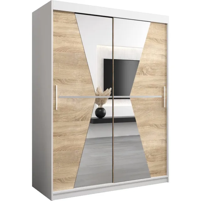 InspireME Kledingkast met 2 schuifdeuren, Modern-stijl, Een kledingkast met planken en een spiegel (BxHxD): 150x200x62 - TOTO 150 Wit Mat + Sonoma Eik