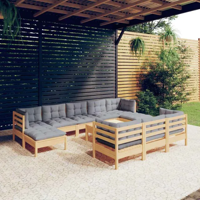 vidaXL 11-delige Loungeset met grijze kussens massief grenenhout grijs, foto 2