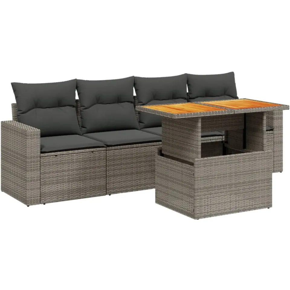 vidaXL 5-delige Loungeset met kussens poly rattan grijs, foto 3