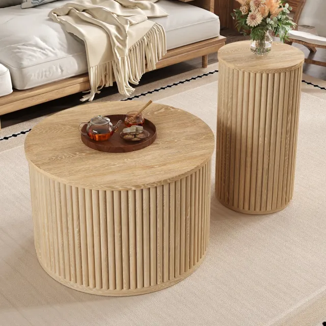 Merax Salontafel - twee ronde tafels - bijzettafel met massief houten blad - multifunctionele woonkamer tafel Houtkleur