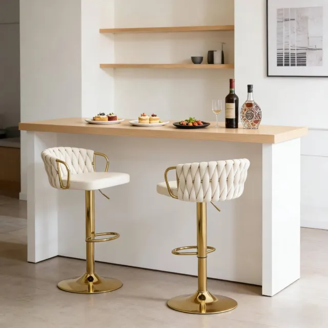 REDOM Barkruk set van 2 - Verstelbare draaibare barkruk met rugleuning en armleuningen - Velvet zitting - Metaal - Cream White - 49,5 x 50,5 x 98 cm Crèmewit