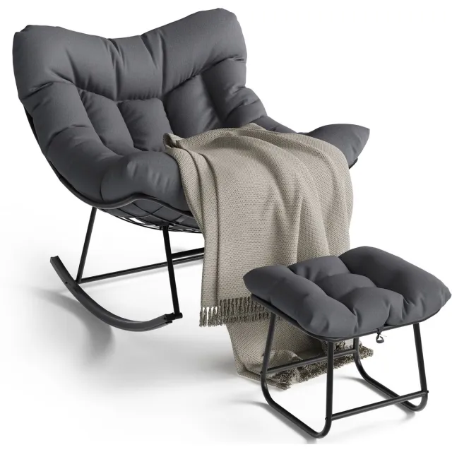 jently lounge stoel - fauteuil - schommelstoel - met kruk - met kussens - woonkamer/tuin/balkon - binnen/buiten - donker grijs