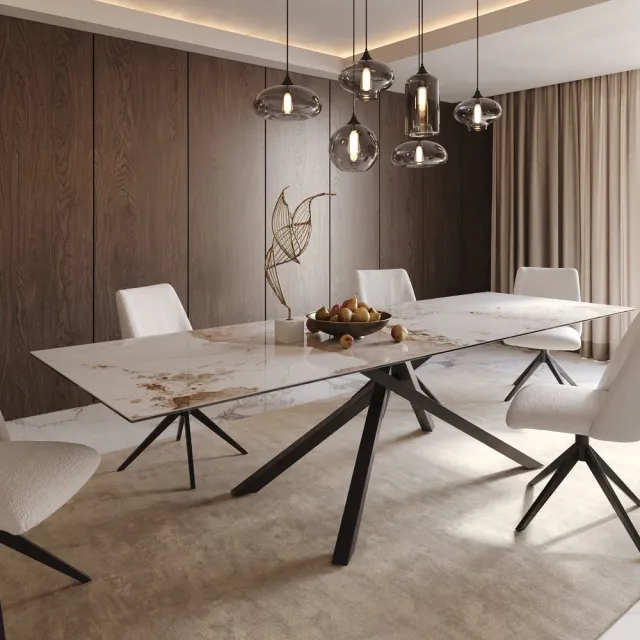 DELIFE Eetkamertafel Edge keramiek Minas Melange wit-beige 300x100 kruisframe rechthoek zwart Weiß-Beige