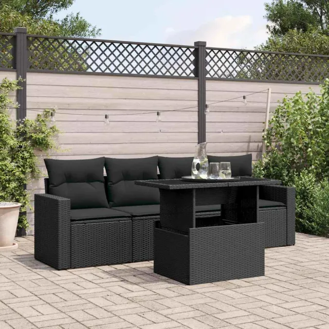 vidaXL 5-delige Loungeset met kussens poly rattan zwart, foto 2