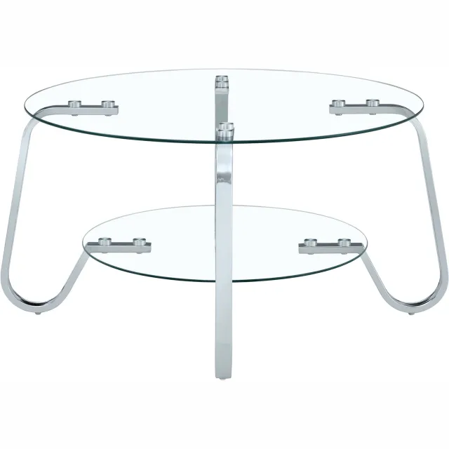 SONNENH Ronde glazen salontafel met twee niveaus en gebogen metalen poten - Diameter 80 cm Transparant en zilverkleurig