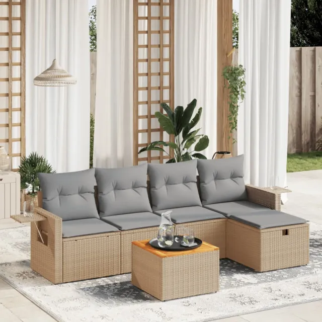 vidaXL 6-delige Loungeset met kussens poly rattan gemengd beige, foto 2