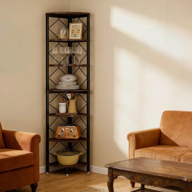 MEUNIQ Hoekboekenkast 35 x 35 x 200 cm – 7-laags open hoekrek met metalen frame en bruine planken voor woonkamer, kantoor of keuken, zwart/bruin Zwart en bruin