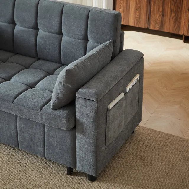 MEUNIQ 2-zits slaapbank met opbergruimte in de armleuningen, zijvakken, uitklapbaar logeerbed en metalen frame in grijs chenille voor woonkamer en logeerkamer