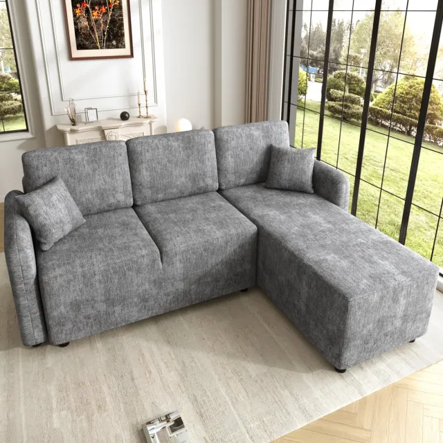 DESMIU Hoekbank 3-Zits - L-Vorm Met Chaise Longue 144 Cm - Comfortabel Met 2 Kussens - Voor Woonkamer En Studentenwoning - Chenille - Grijs