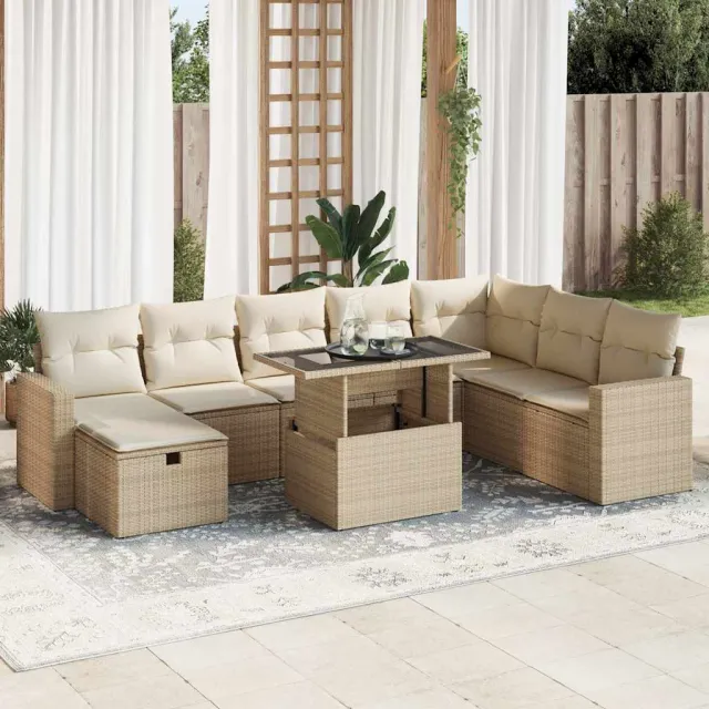 vidaXL 9-delige Loungeset met kussens poly rattan beige, foto 2