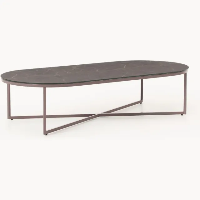 Westwing Collection Ovale salontafel Antigua met glazen tafelblad in marmerlook Taupe
