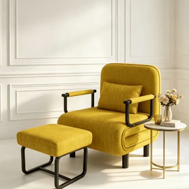 Velourra Fluwelen fauteuil met poef - Metalen frame - Geel