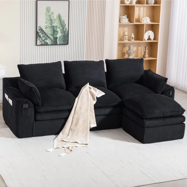 REDOM Modulaire 3-Zitsbank Met Hocker En Zijtassen - Voor Woonkamer - Ribstof - Zwart - 263 X 167 X 85 Cm