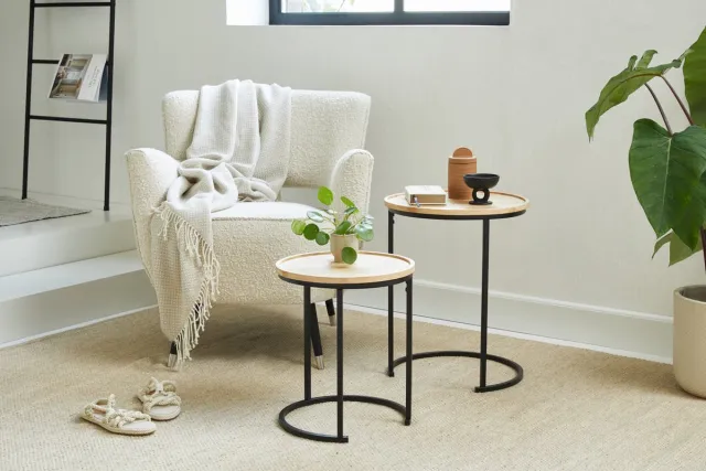 Lifa-Living Lifa Living Moderne Bijzettafels - Set van 2 - Zwart en Naturel Koffietafels - Rond - Hout en Metalen Salontafels voor Woonkamer, Slaapkamer en Kantoor - ⌀ 34 x 40 en ⌀ 40 x 50 cm Zwart, Naturel