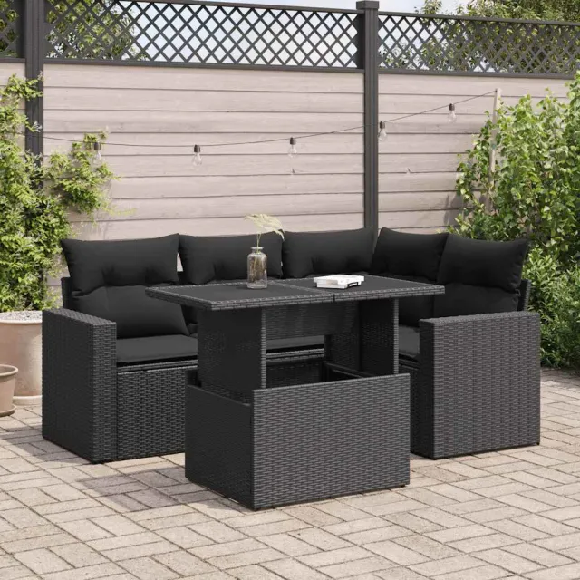 vidaXL 5-delige Loungeset met kussens poly rattan zwart, foto 2