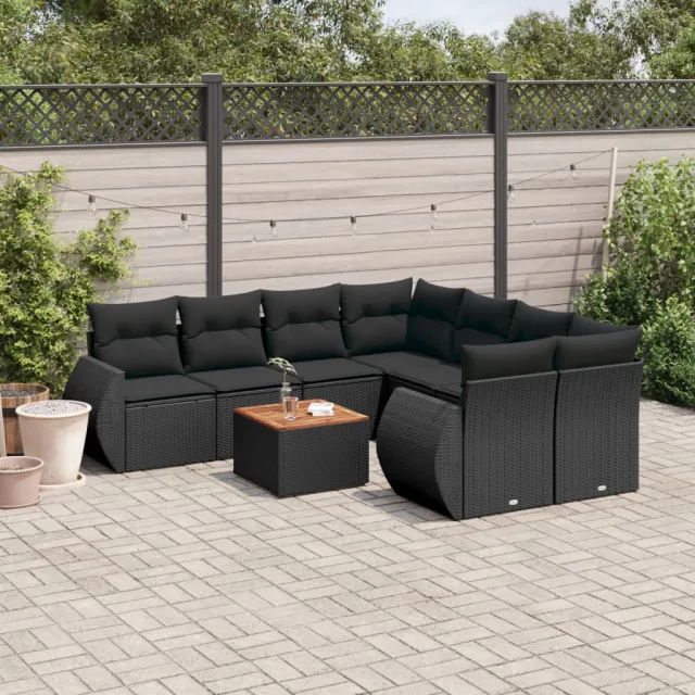 vidaXL 9-delige Loungeset met kussens poly rattan zwart, foto 2