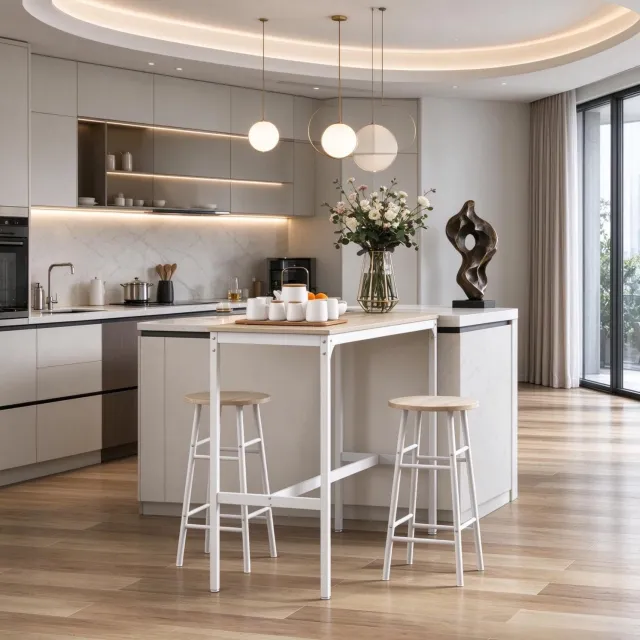 MODENUIT Bartafelset 105 x 40 x 90 cm - Met 2 Barkrukken - Voor Keuken - Staal en MDF - Wit en Naturel
