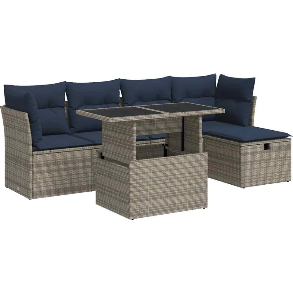 vidaXL 6-delige Loungeset met kussens poly rattan acacia grijs, foto 3