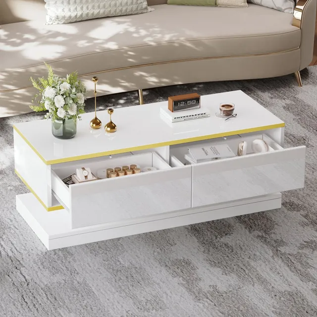 KOMHTOM BLACKCOLORS 100*50*38 cm Glanzende salontafel, salontafel met 2 grote lades, unieke salontafel, warm wit + gouden rand salontafel, bijzettafel met smal midden en brede boven- en onderkant