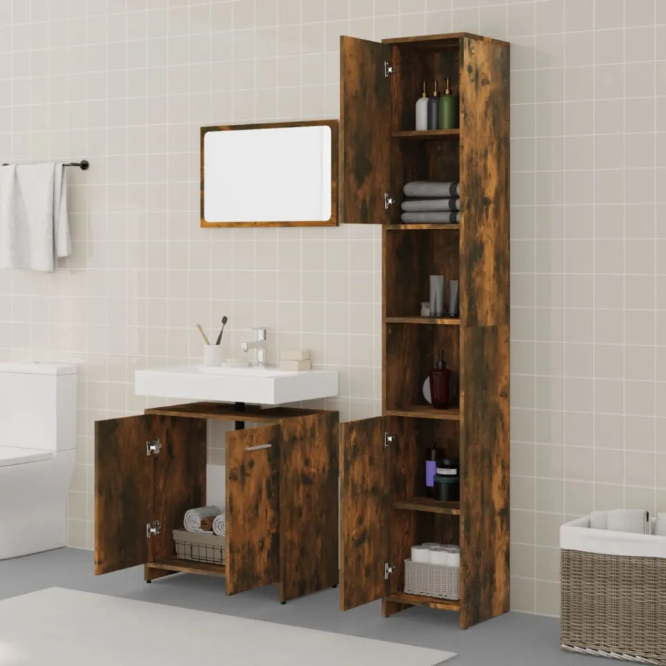 vidaXL 3-delige Badkamermeubelset bewerkt hout gerookt eikenkleurig, foto 3