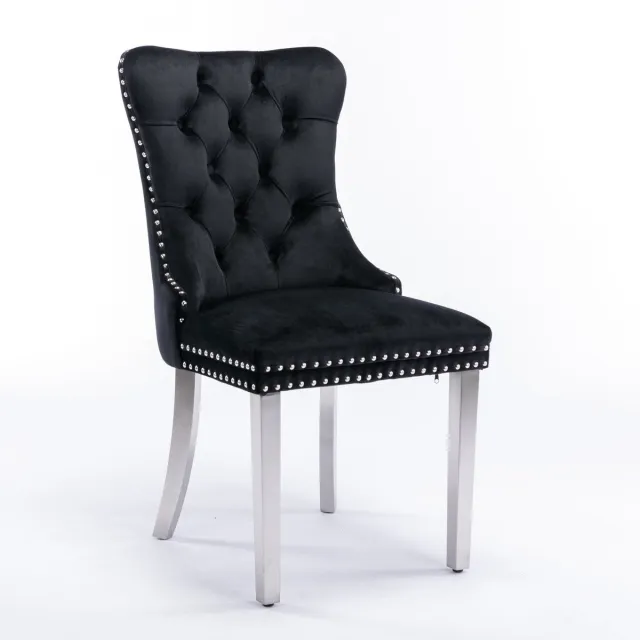 Merax Nikki Collection Eetkamerstoelen - Set van 2 - Luxe Fluwelen Stoelen met Hoge Rugleuning - Zwarte Bekleding - Chroom Stalen Poten - Klassiek Design met Nagelstuds