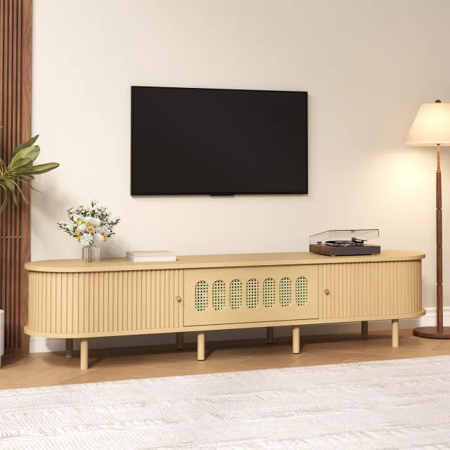 COVREO TV-meubel met klepdeur – Lowboard met twee zijdelingse roldeuren – Woonkamerkast voor gesloten opbergruimte – 180x40x40 cm – Natural Naturel