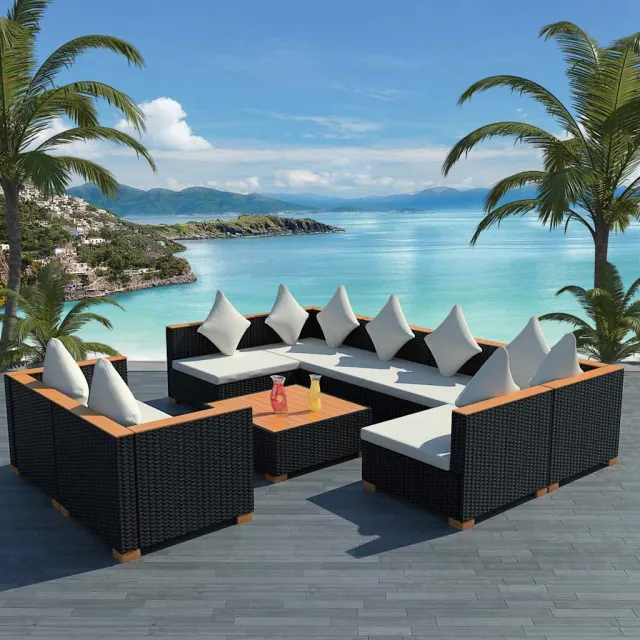 vidaXL 9-delige Loungeset met kussens poly rattan zwart, foto 2