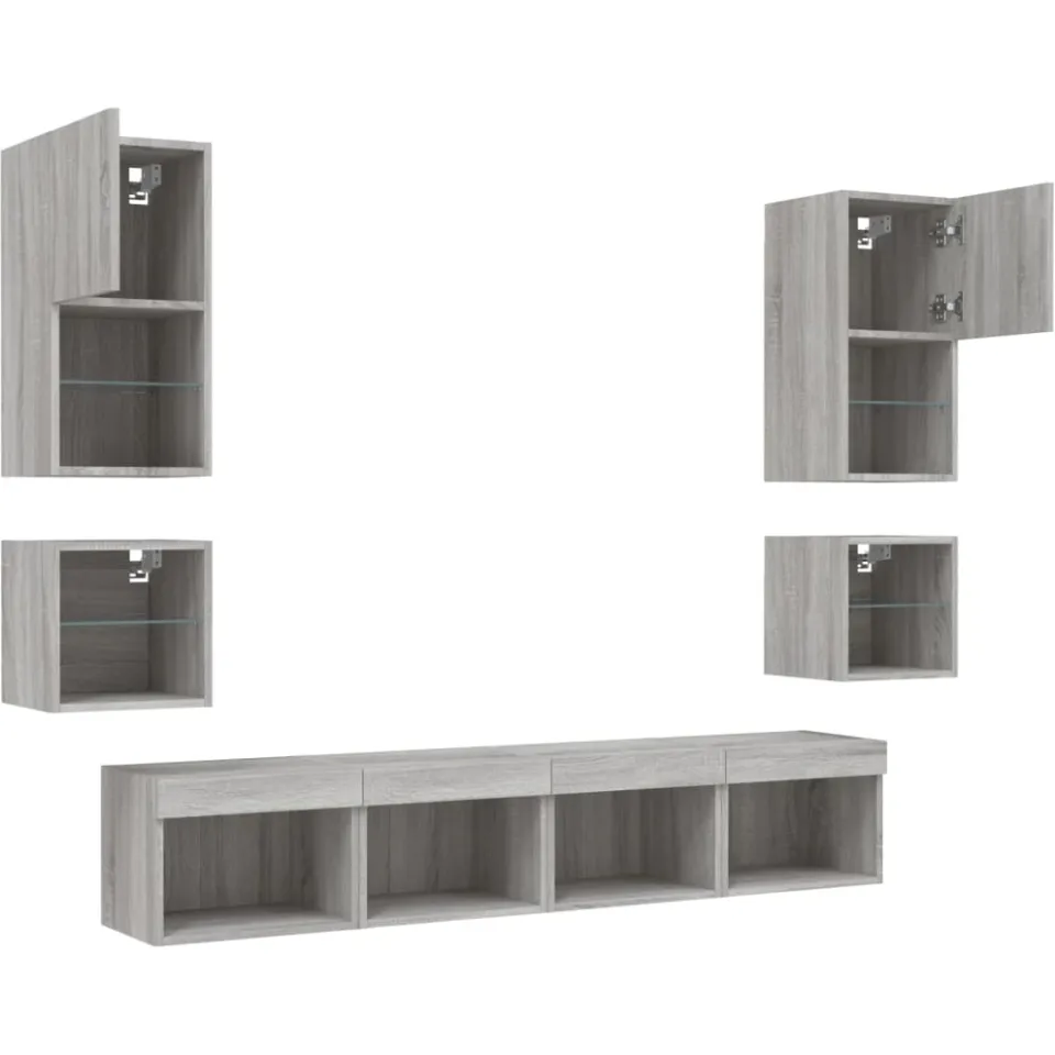 vidaXL 8-delige Tv-wandmeubelset met LED bewerkt hout grijs sonoma, foto 4