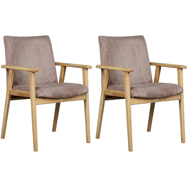 Vente-unique Set van 2 stoelen met armleuningen in ribfluweel en rubberhout - Taupe - FILDON