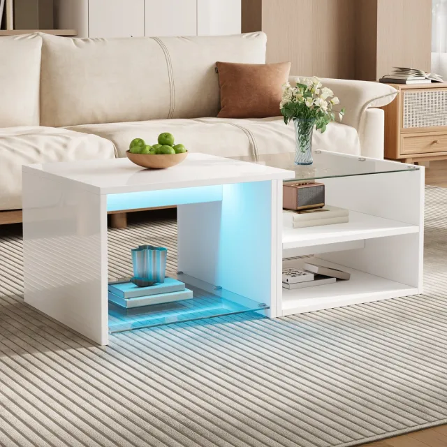 OKWISH Salontafel - Trapvormig Design - Ledverlichting Met Appbediening - Open Vakken - Spaanplaat En Glas Wit - 100 x 50 x 38 cm