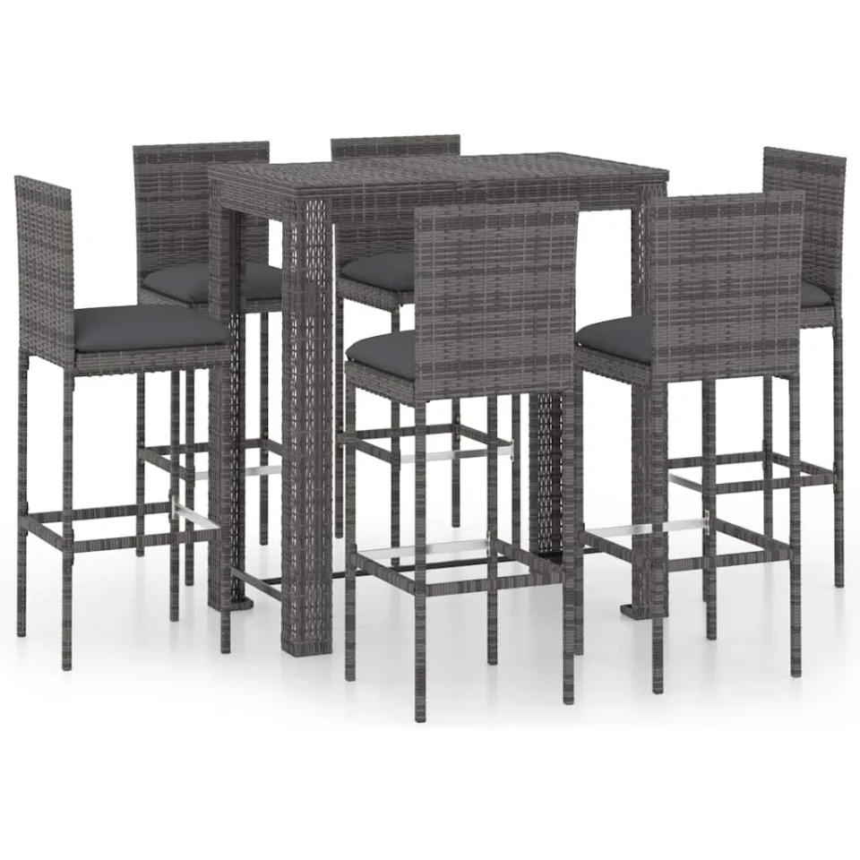 vidaXL 7-delige Tuinbarset met kussens poly rattan grijs, foto 3