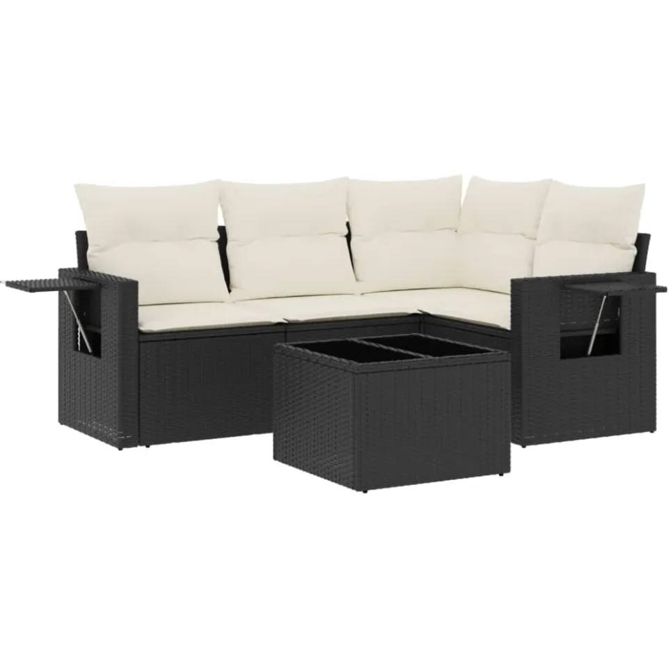 vidaXL 5-delige Loungeset met kussens poly rattan zwart