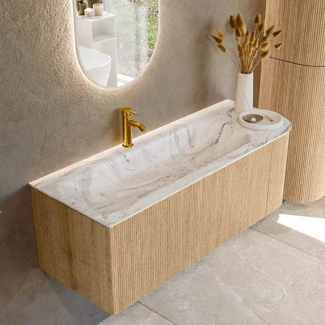 Mondiaz KURVE-DLUX 125 cm Onderkast Greeploos 1 Lade Met Deuren Oak, Wastafel Solid Surface Links Glace 1 Kraangat Zonder Spiegel (KRVBGM125R1L1D1KL-Oak/Gla)