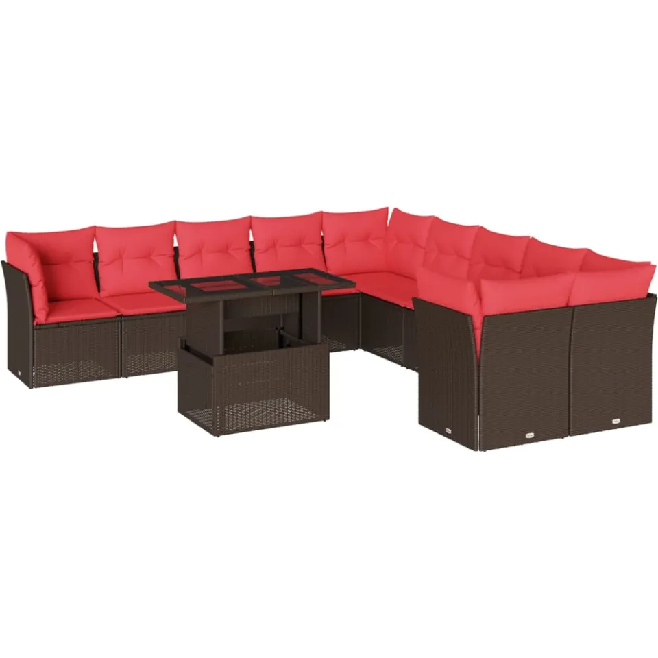 vidaXL 11-delige tuinbankset met kussens, bruin polyrotan