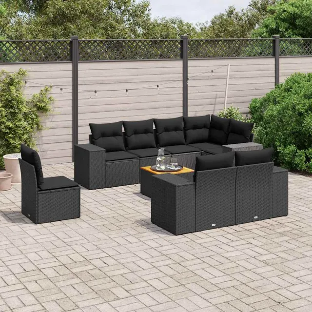 vidaXL 9-delige Loungeset met kussens poly rattan zwart, foto 2