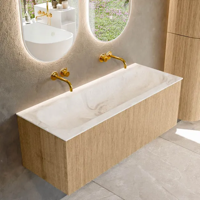 Mondiaz KURVE-DLUX 120 cm Onderkast Greeploos 1 Lade Zonder Deuren Oak, Wastafel Solid Surface Volledig Frappe 0 Kraangaten Zonder Spiegel (KRVBGL1201L0D0KM-Oak/Fra)