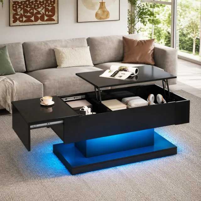 Maisentiel Salontafel 100 x 50 x 45 cm met hydraulisch liftblad, LED en opbergruimte zwart
