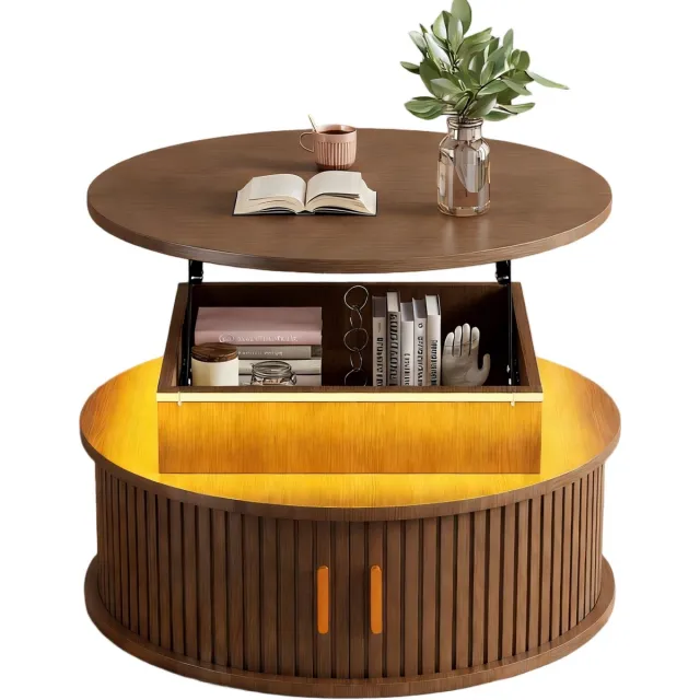 MUVANO Ronde Salontafel - In Hoogte Verstelbare Salontafel - Salontafel Met LED-Witte Salontafel – Hoogglans – Opbergruimte – Roldeuren - App Bediening - Woonkamer - 75cm- 1 Stuk Walnoot