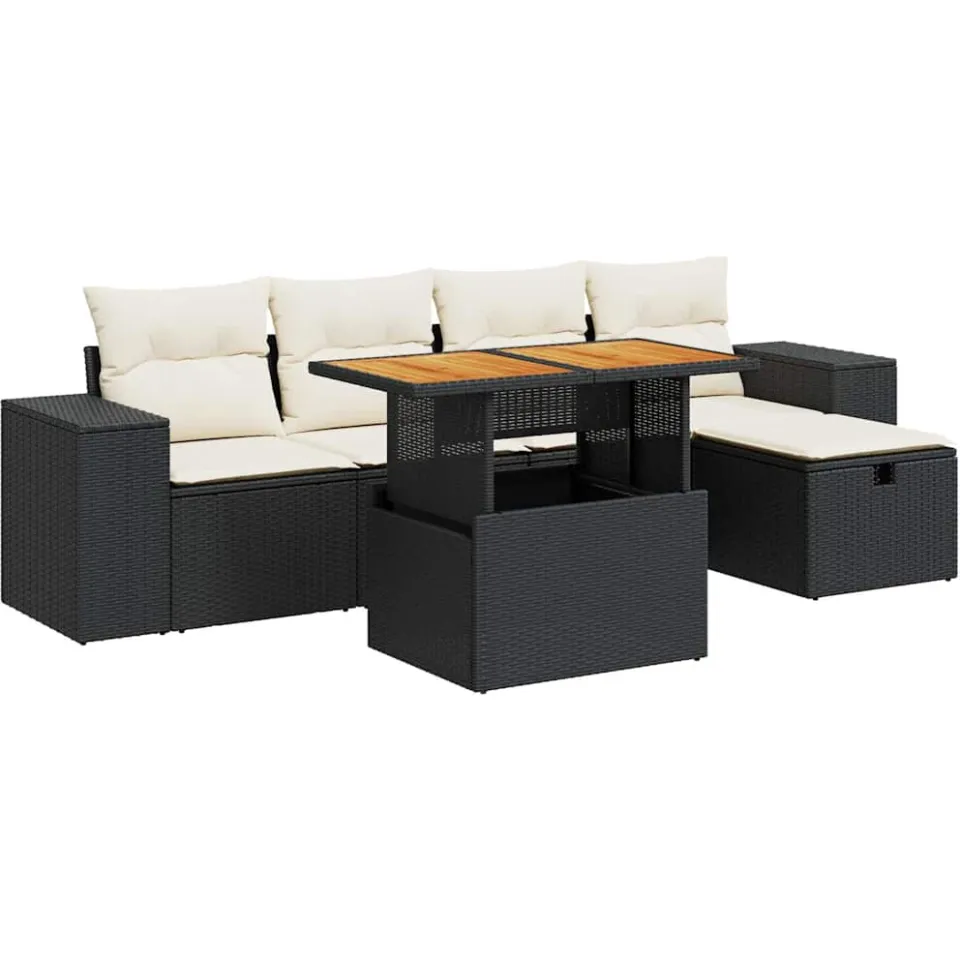 vidaXL 6-delige Loungeset met kussens poly rattan acacia zwart, foto 3